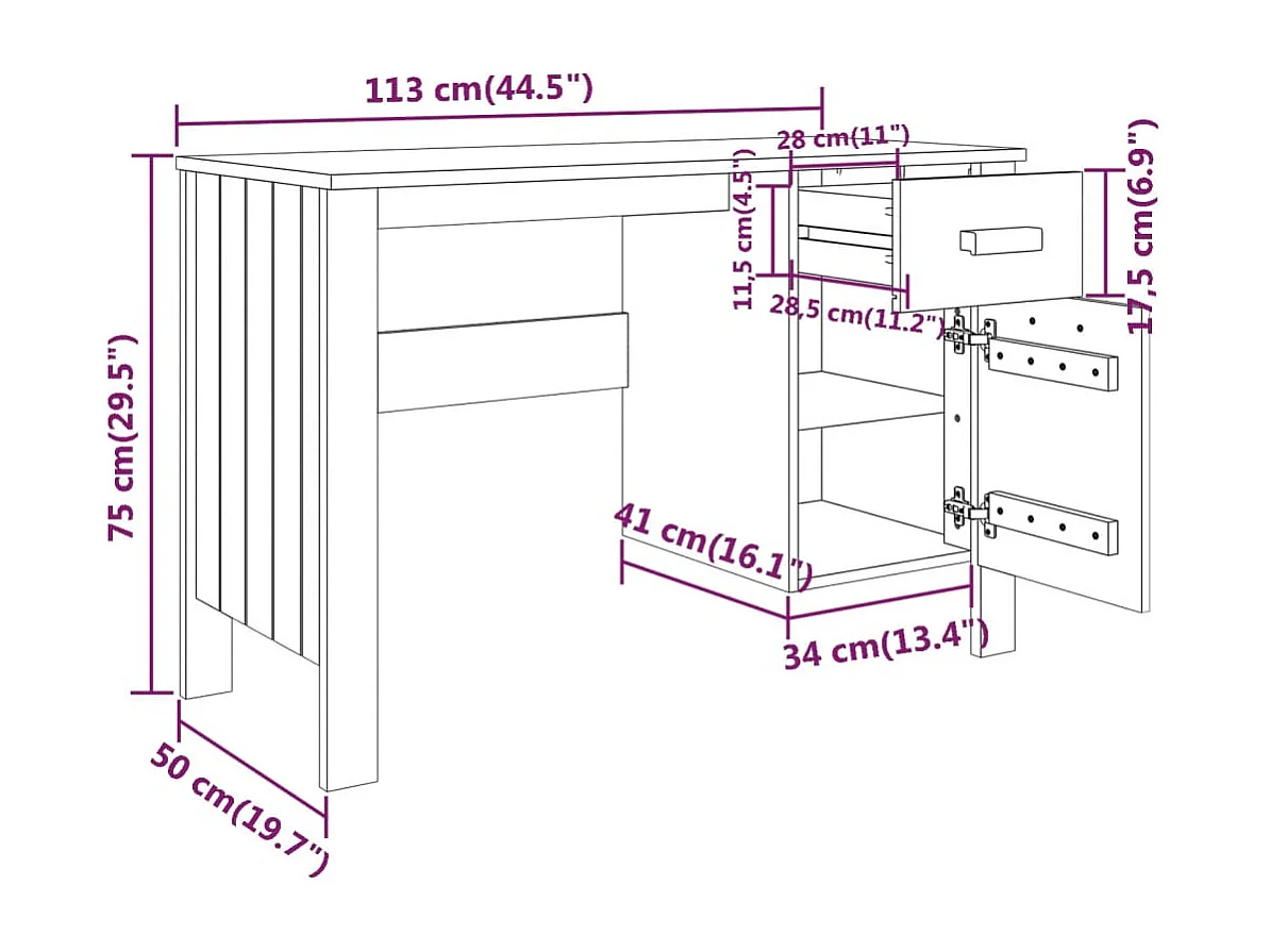 HAMAR Bureau Lichtgrijs 113x50x75 cm Massief grenenhout