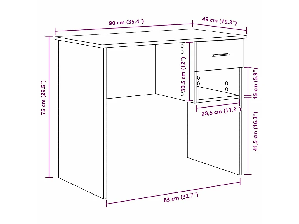 Schreibtisch aus Sonoma-Eiche, 90 x 49,5 x 75 cm, Holzwerkstoff