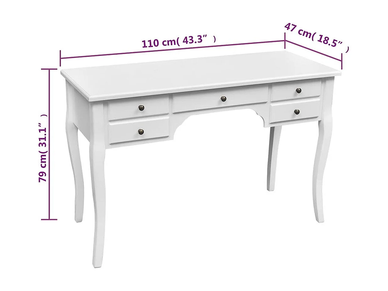 Scrivania francese in legno con gambe curve e 5 cassetti