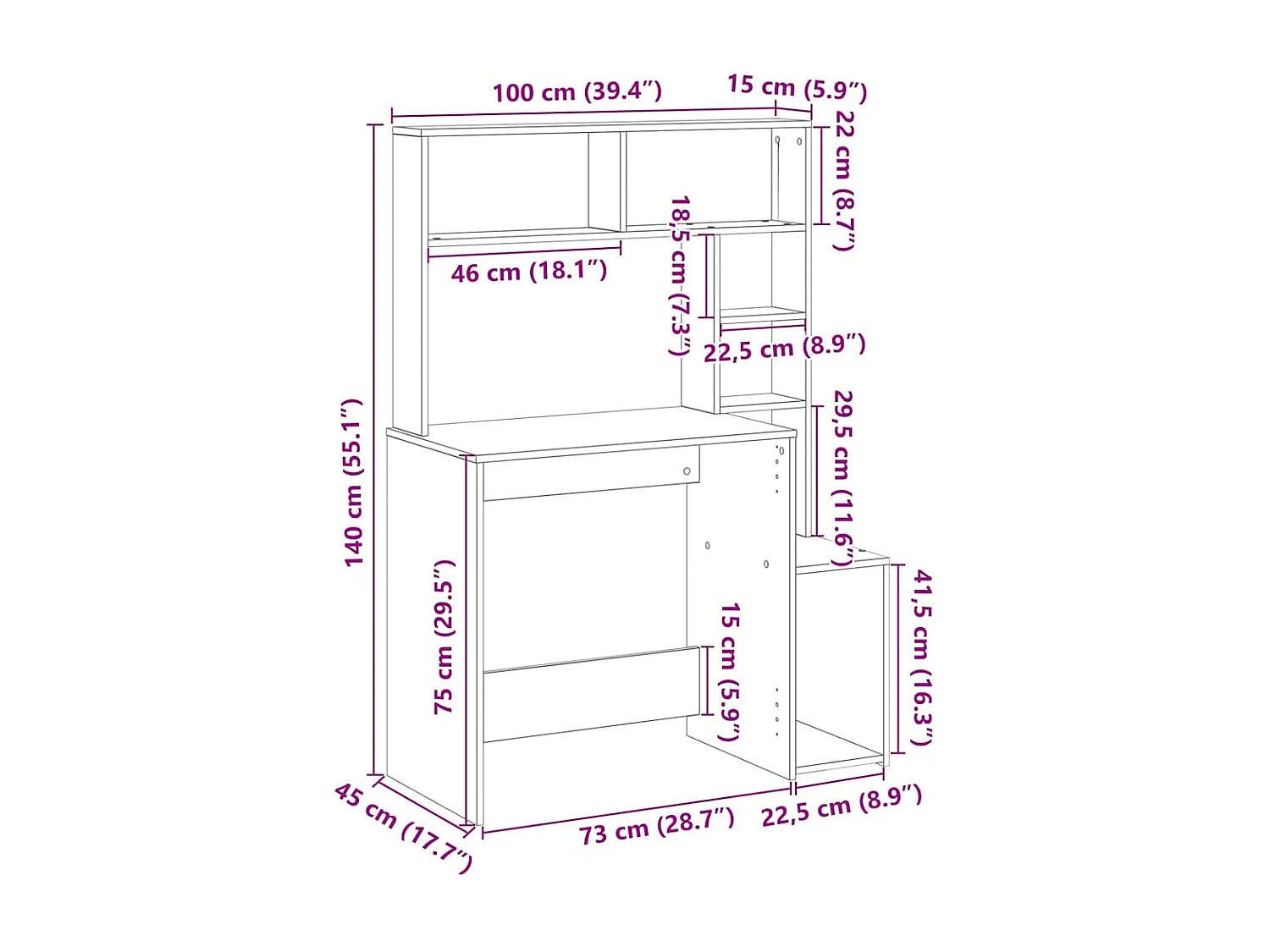 Bureau avec étagères blanc 100x45x140 cm bois d'ingénierie