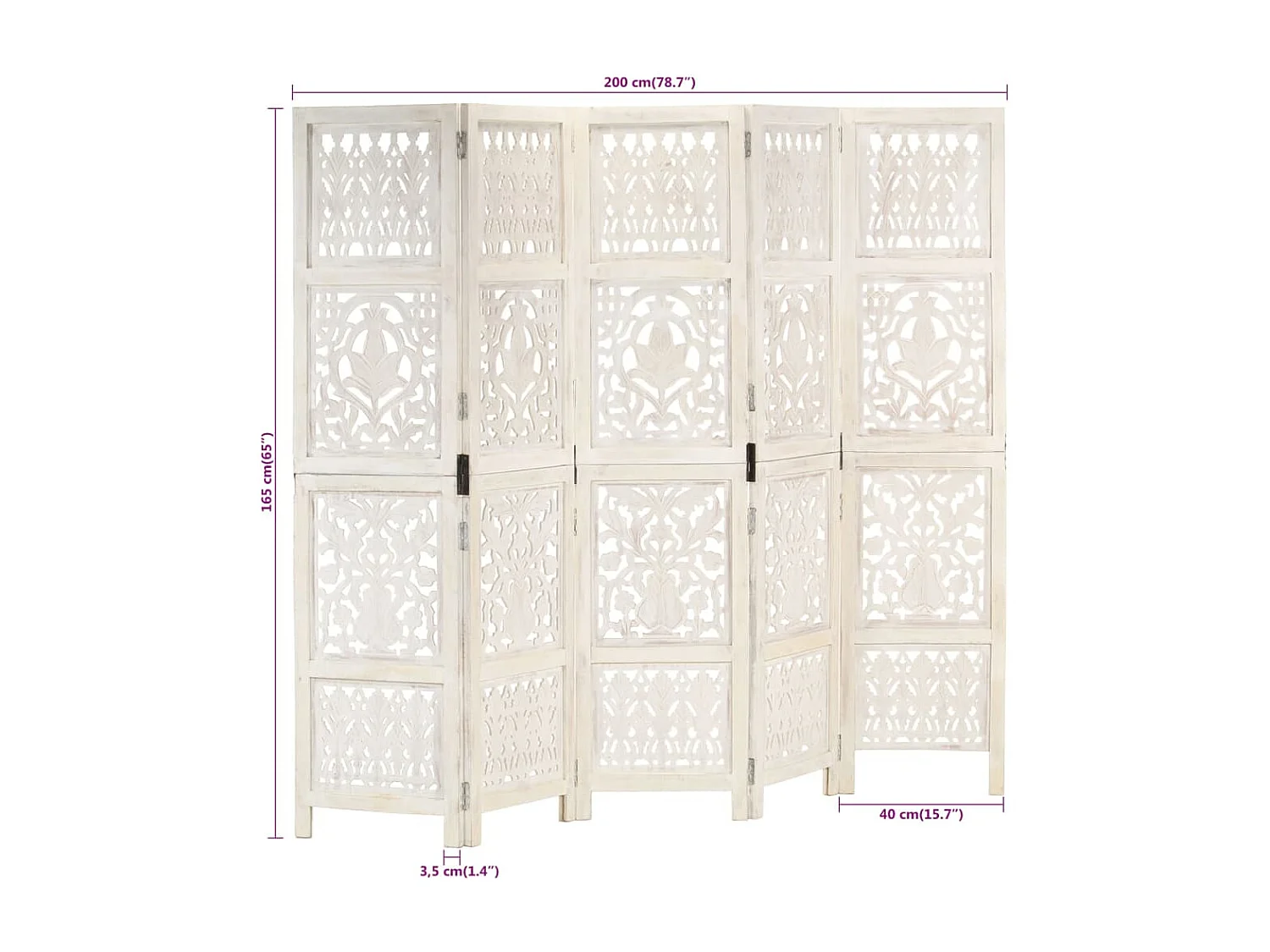 Cloison de séparation 5 panneaux Blanc 200x165 cm Bois manguier