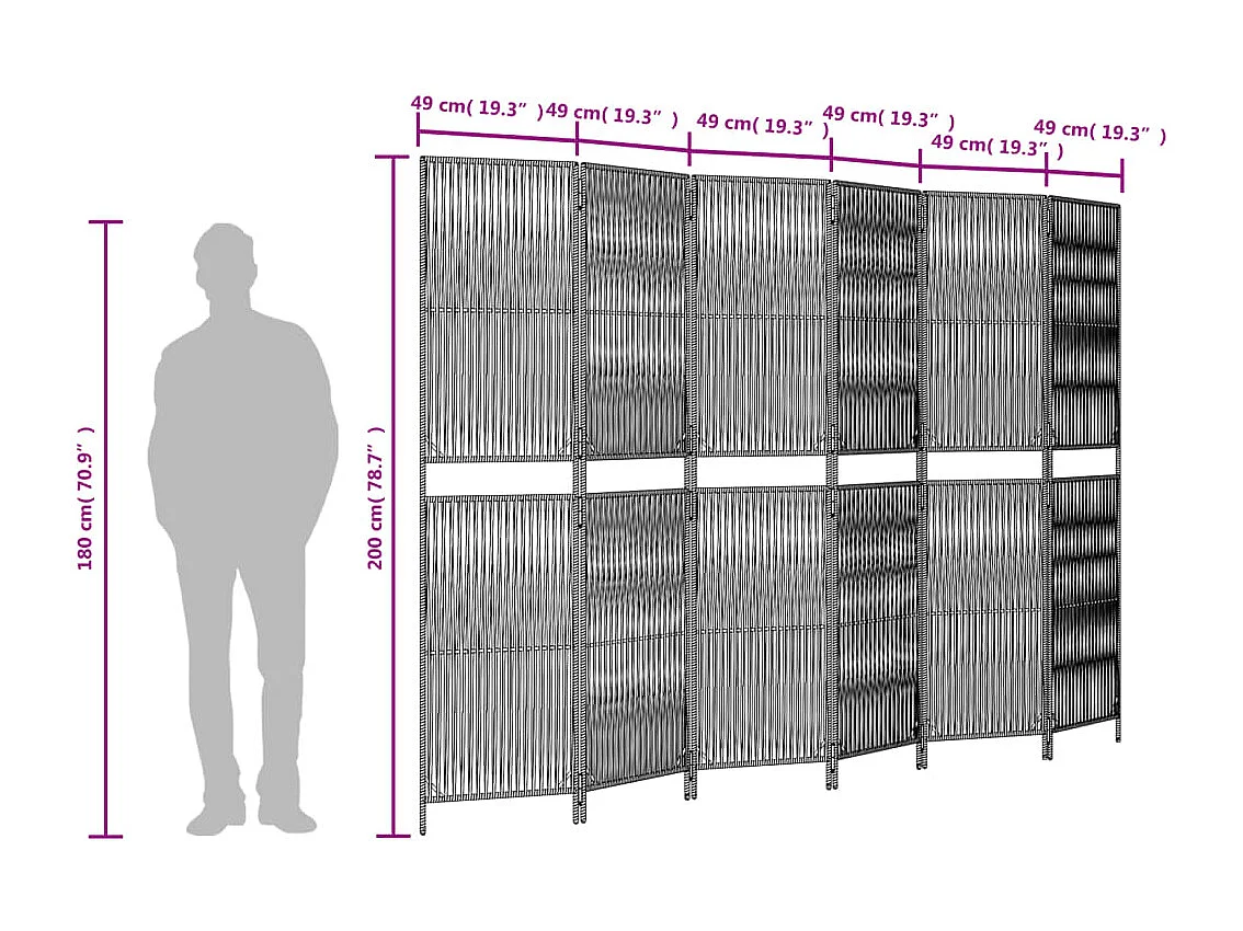Parete divisoria in vimini di resina marrone a 6 pannelli
