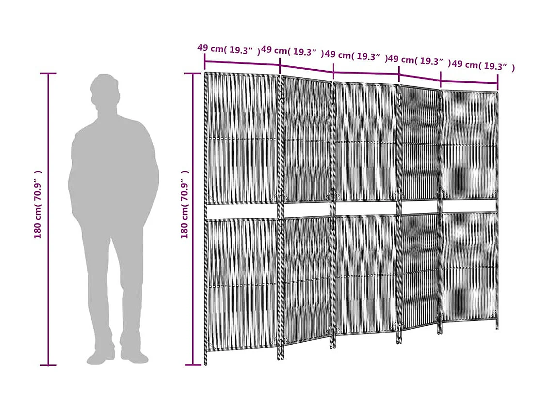 Tabique divisorio de 5 paneles de mimbre de resina gris