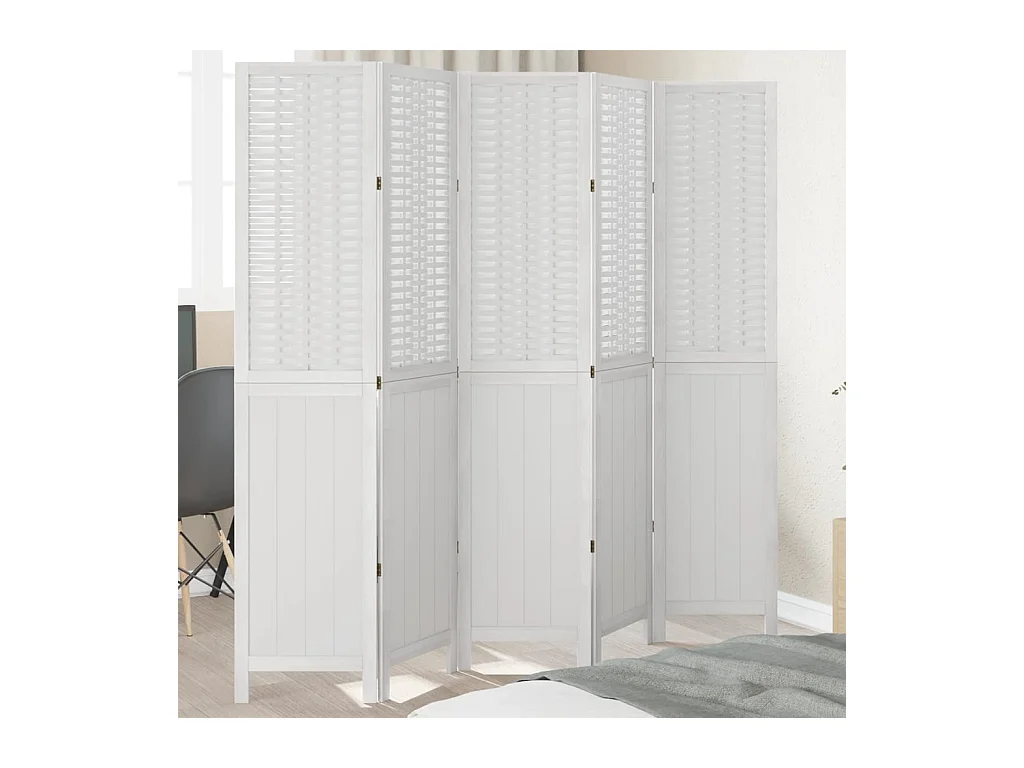 5-delige scheidingswand in wit, massief paulowniahout