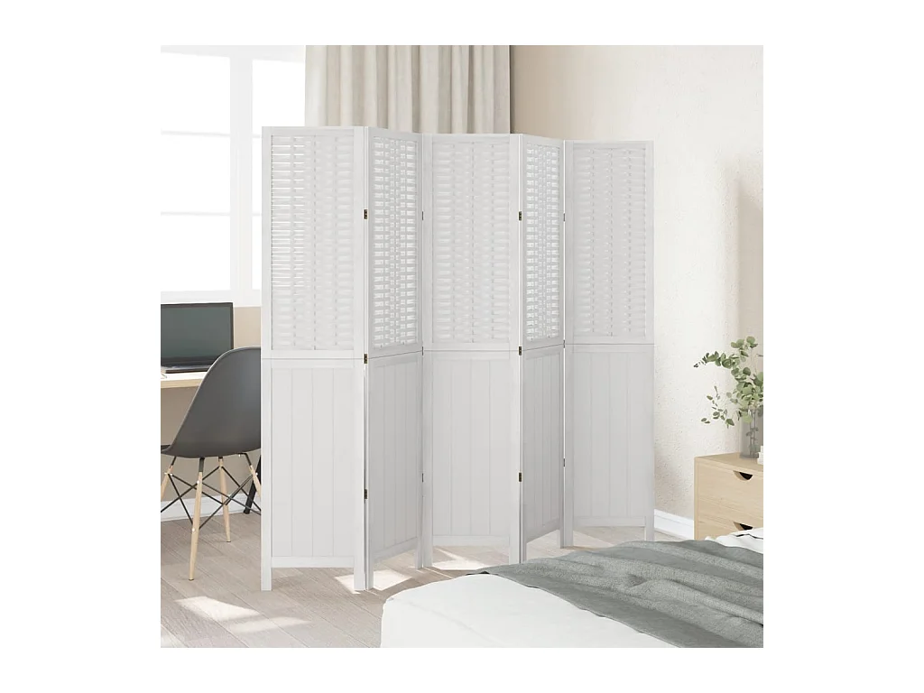 5-delige scheidingswand in wit, massief paulowniahout