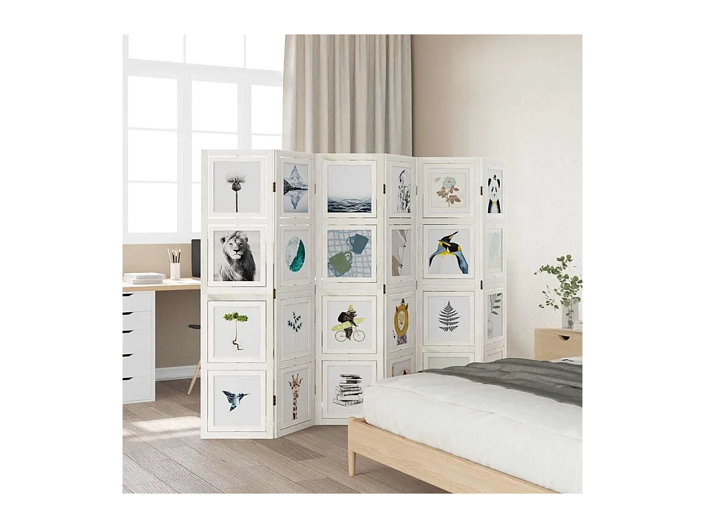 6-delige scheidingswand in wit, massief paulowniahout