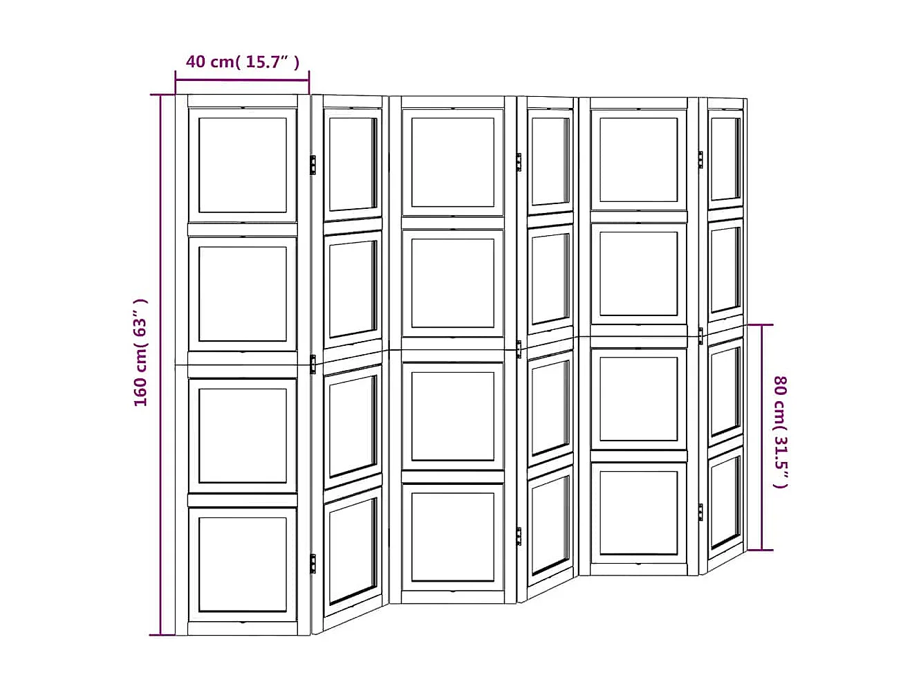 6-delige scheidingswand in wit, massief paulowniahout