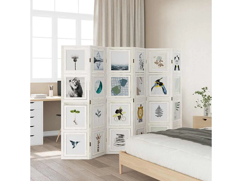 Parete divisoria a 6 pannelli in legno massello di paulonia bianco