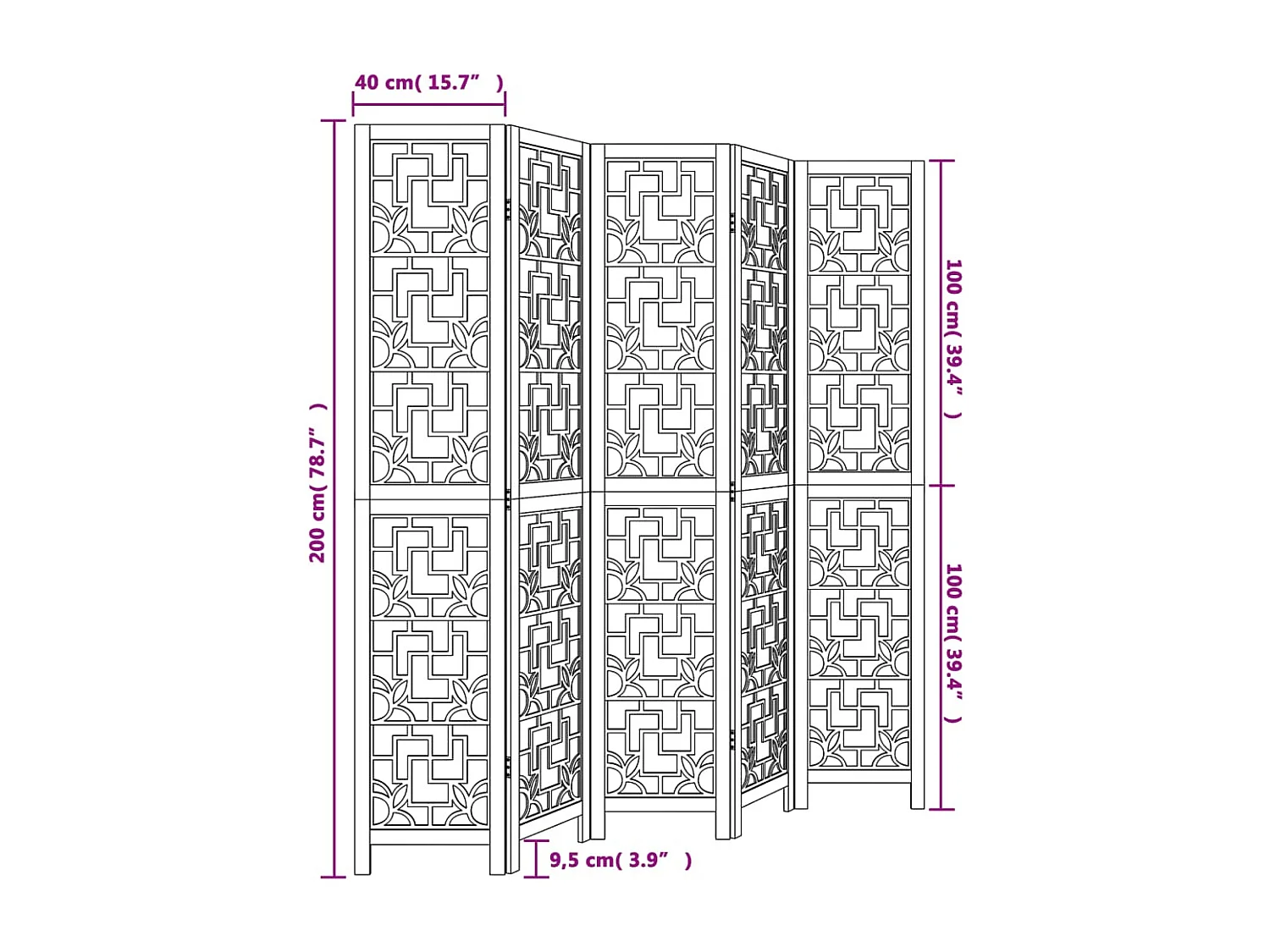 Tabique divisorio de 5 paneles en madera maciza de paulownia marrón