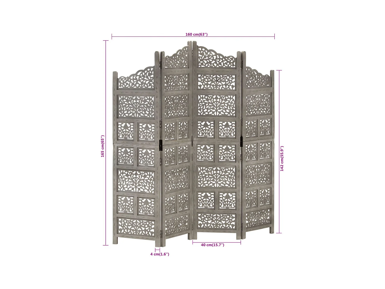 4-delige scheidingswand Grijs 160x165 cm Mangohout