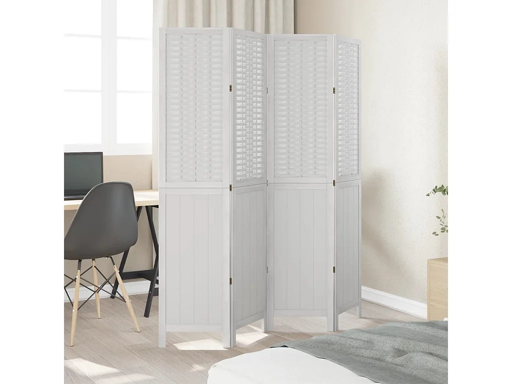 Parete divisoria a 4 pannelli in legno massello di paulonia bianco