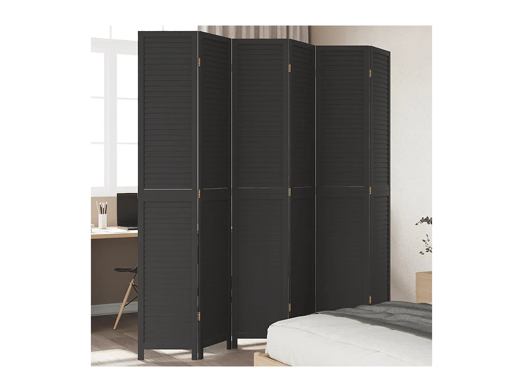 Cloison de séparation 6 panneaux noir bois de paulownia massif