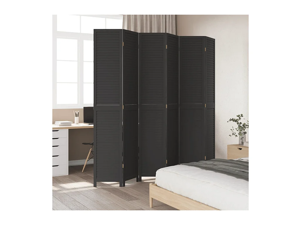 Cloison de séparation 6 panneaux noir bois de paulownia massif