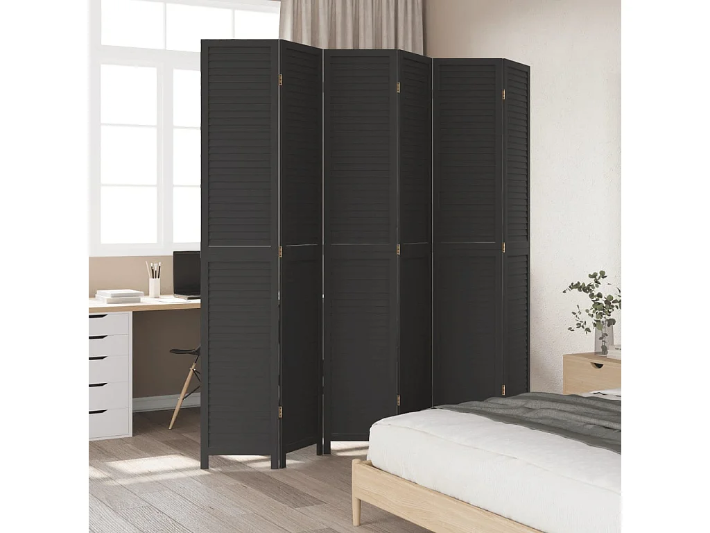 Cloison de séparation 6 panneaux noir bois de paulownia massif