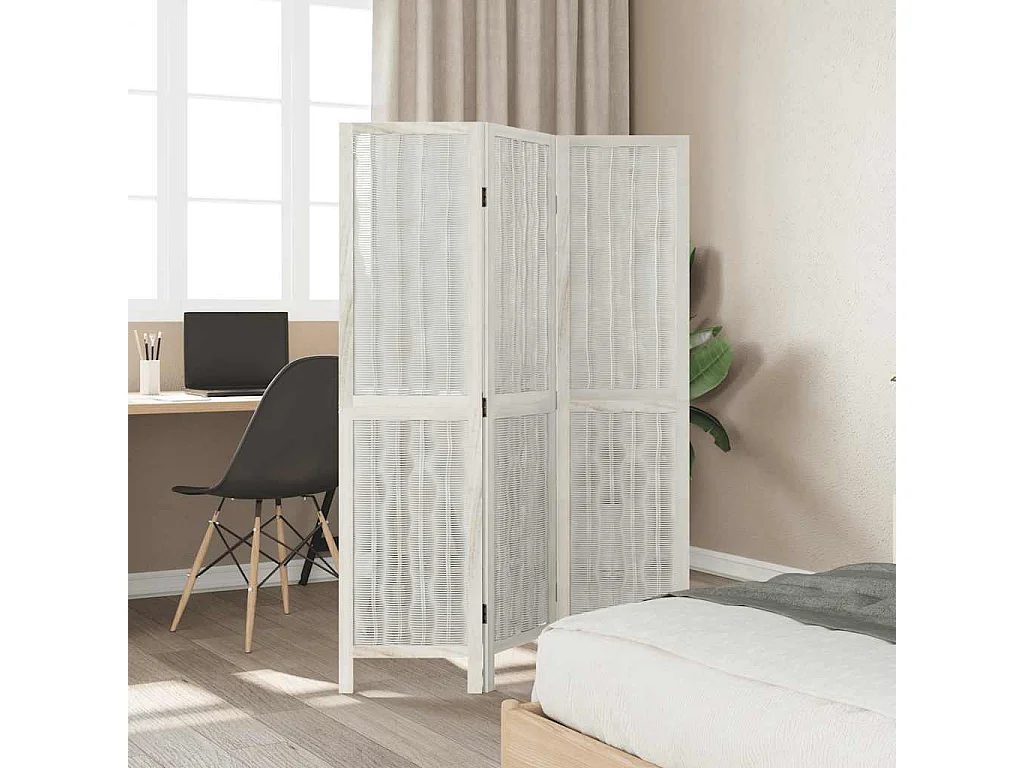 Parete divisoria a 3 pannelli in legno massello di paulonia bianco