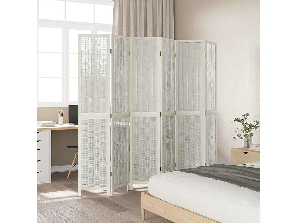 Parete divisoria a 6 pannelli in legno massello di paulonia bianco