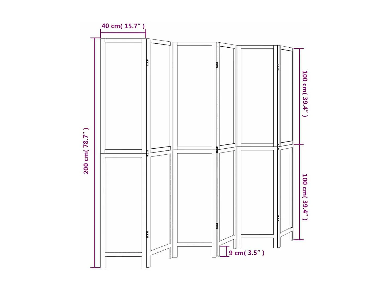 Parete divisoria a 6 pannelli in legno massello di paulonia bianco