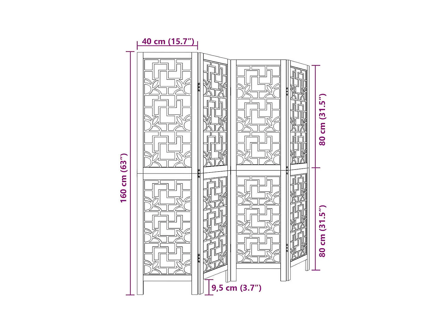 Tabique divisorio de 4 paneles en madera maciza de paulownia marrón