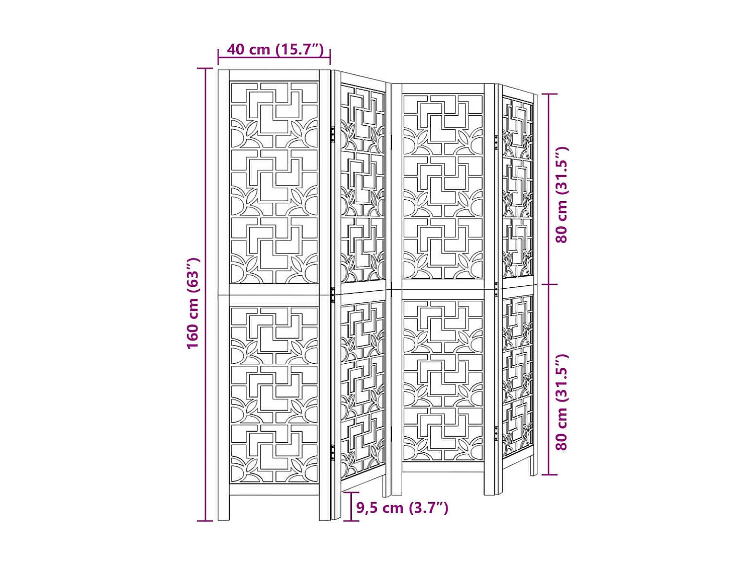 Tabique divisorio de 4 paneles en madera maciza de paulownia marrón