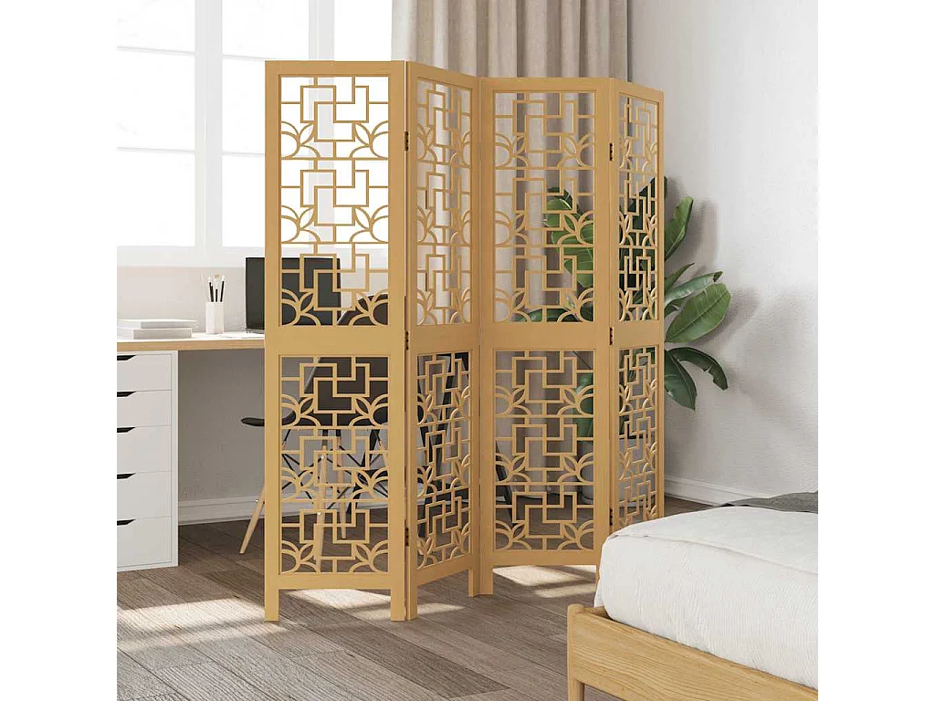 Parete divisoria a 4 pannelli in legno massello di paulonia marrone