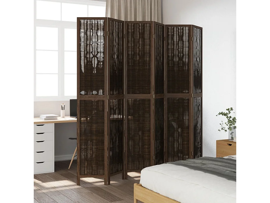 Parete divisoria marrone scuro a 6 pannelli realizzata in massello di paulonia