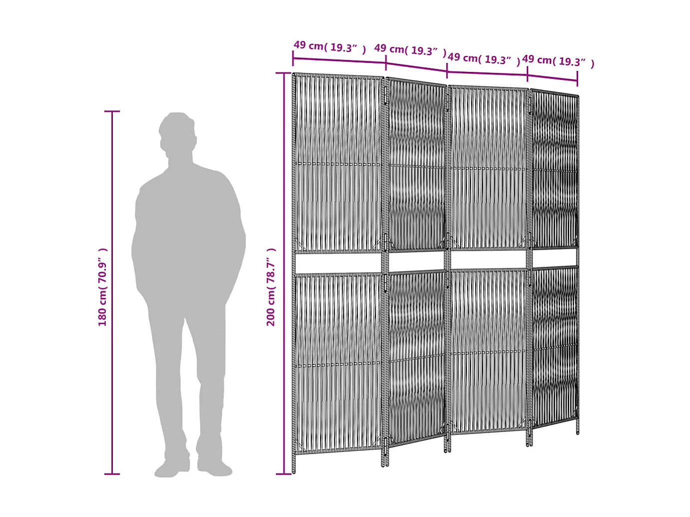 Tabique divisorio de mimbre de resina marrón de 4 paneles