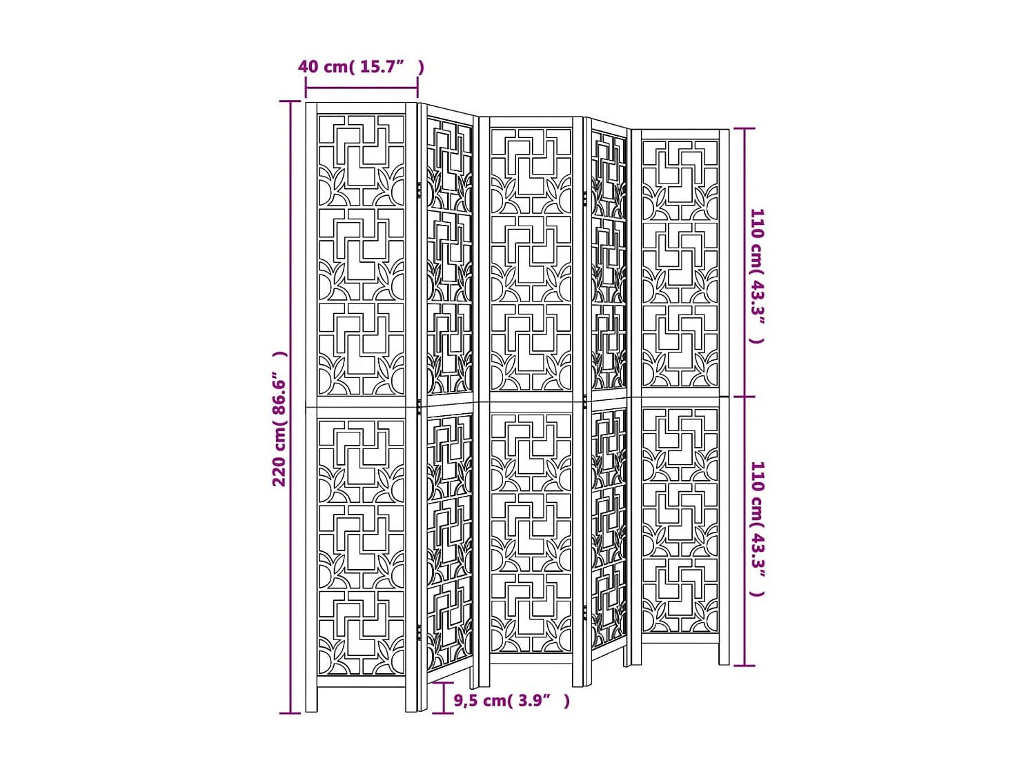 Tabique divisorio de 5 paneles en madera maciza de paulownia marrón