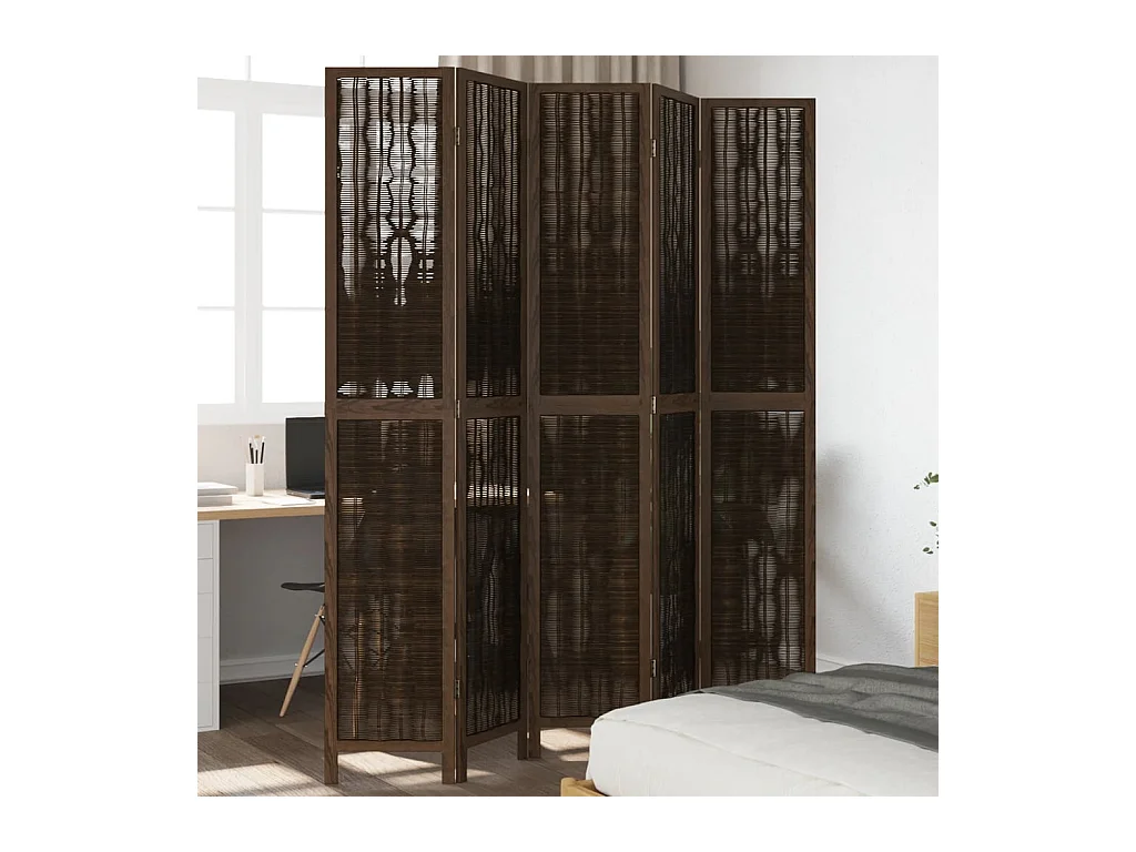 Tabique divisorio de 5 paneles en marrón oscuro fabricado en paulownia maciza