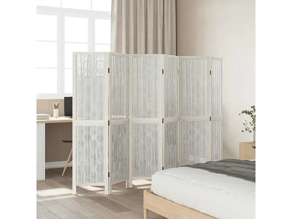 Parete divisoria a 6 pannelli in legno massello di paulonia bianco