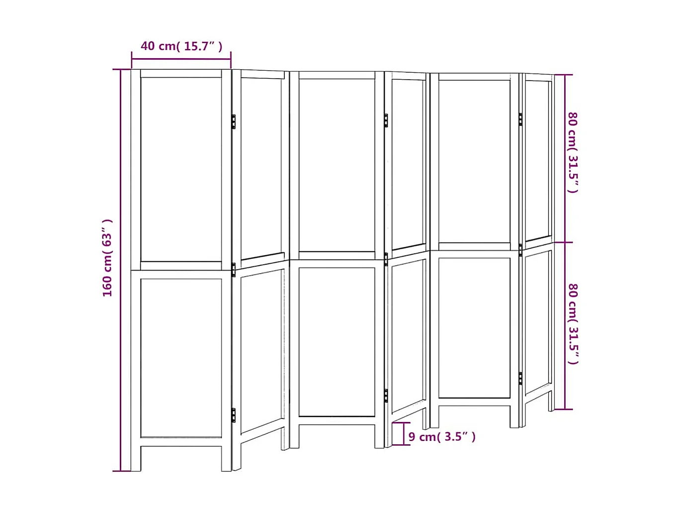Parete divisoria a 6 pannelli in legno massello di paulonia bianco