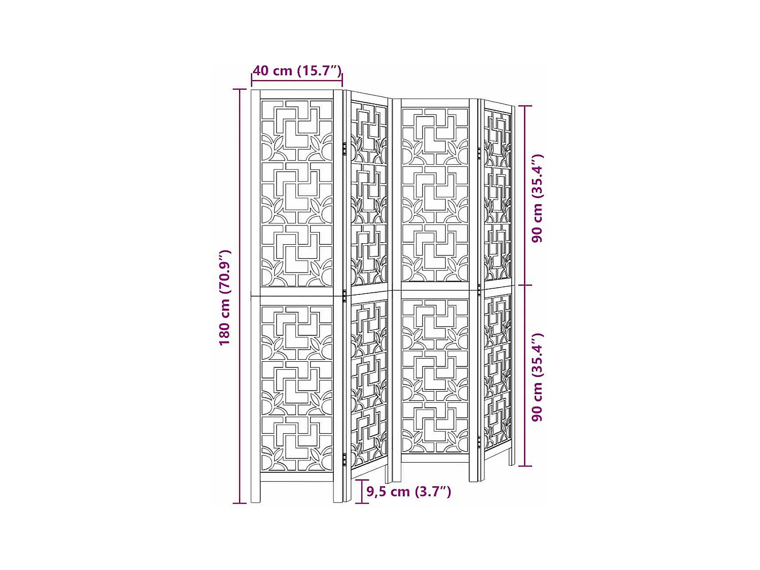 4-delige scheidingswand in bruin, massief paulowniahout