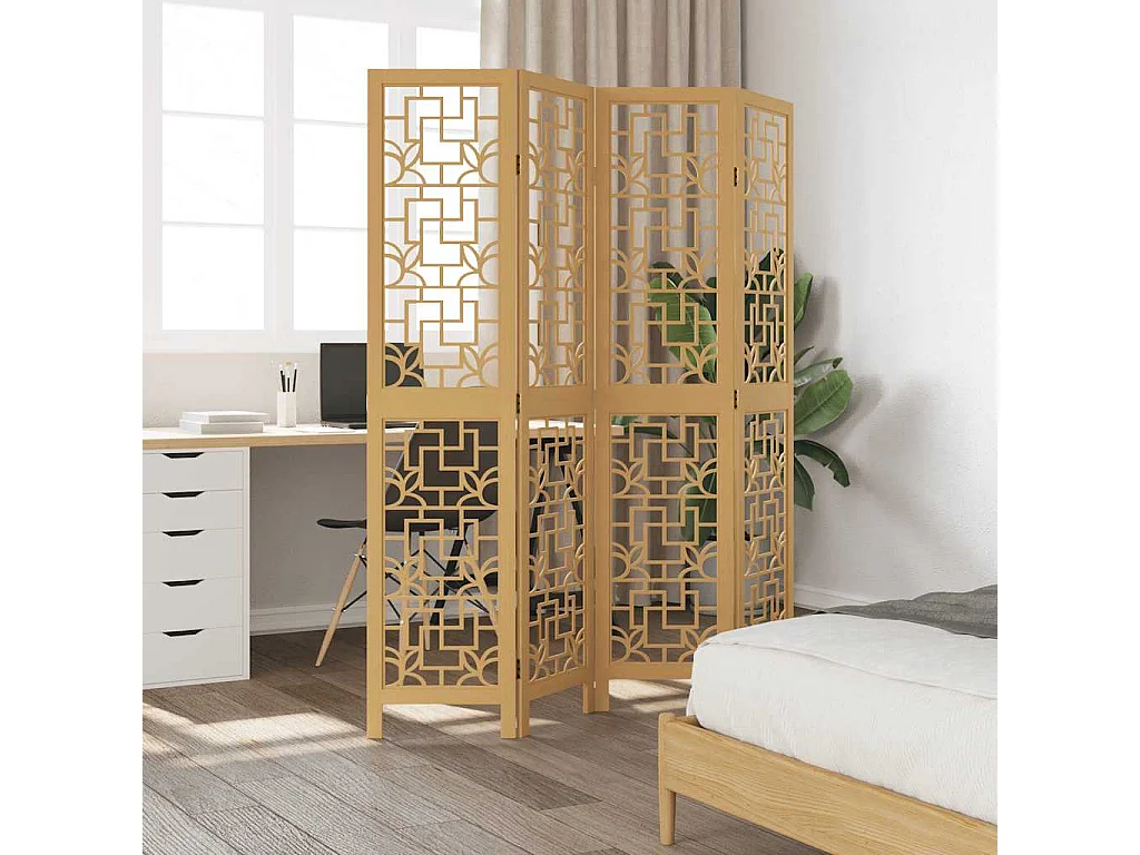 Parete divisoria a 4 pannelli in legno massello di paulonia marrone