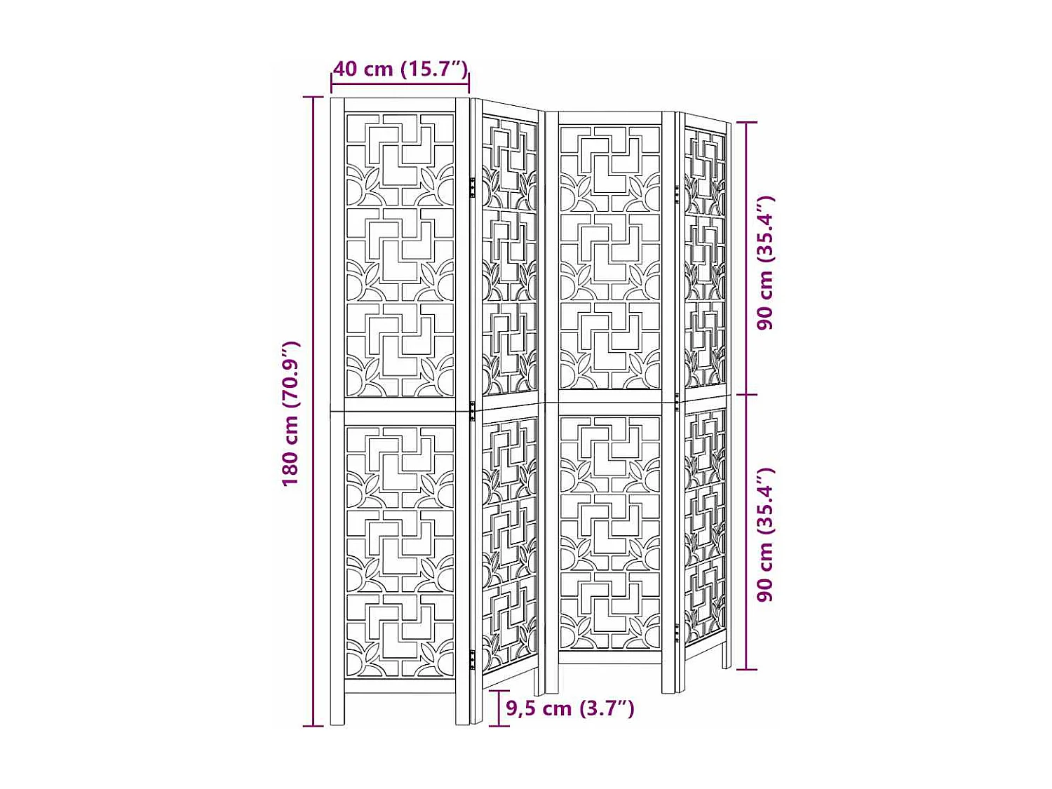 Parete divisoria a 4 pannelli in legno massello di paulonia marrone