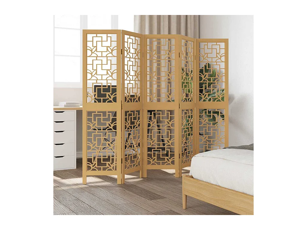 5-teilige Trennwand aus braunem, massivem Paulownia-Holz