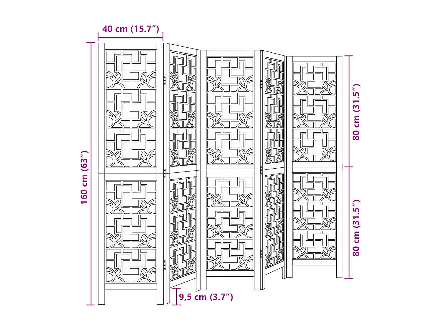 Parete divisoria a 5 pannelli in legno massello di paulonia marrone