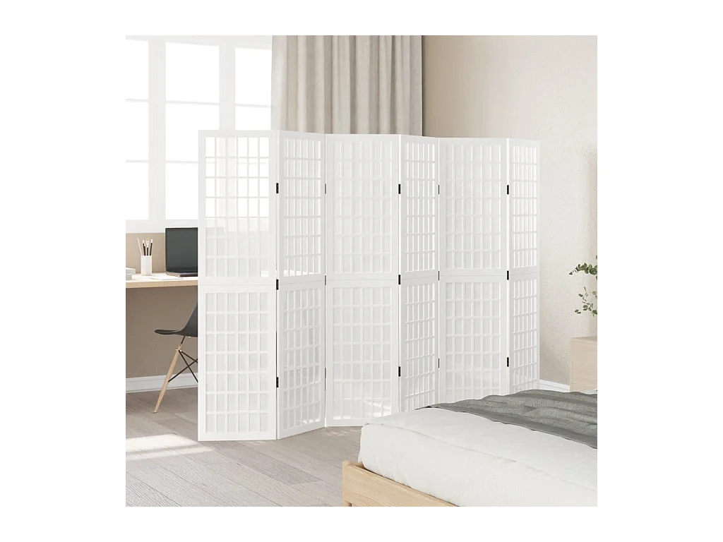 Cloison de séparation 6 panneaux blanc bois de paulownia massif