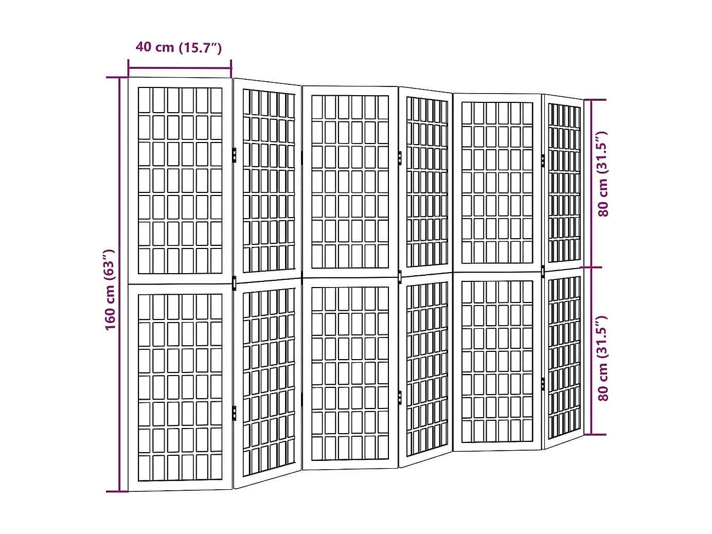 6-delige scheidingswand in wit, massief paulowniahout