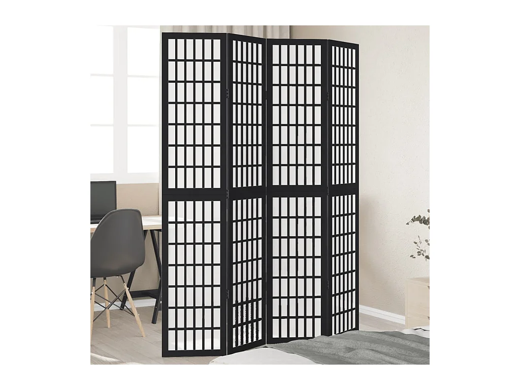 Cloison de séparation 4 panneaux noir bois de paulownia massif