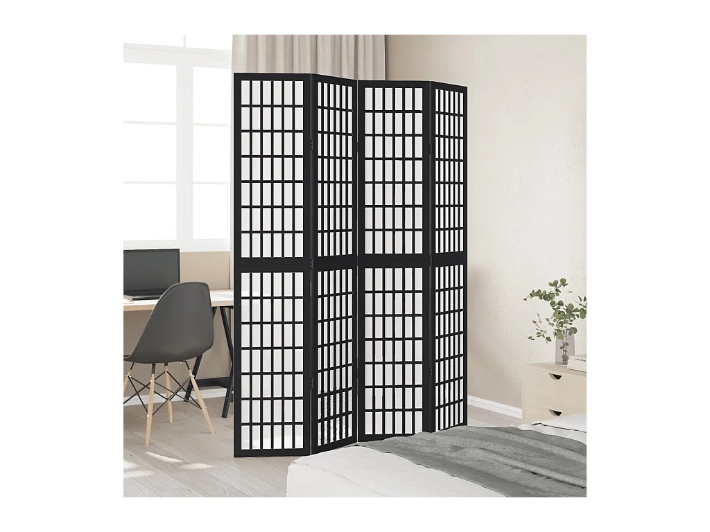 Cloison de séparation 4 panneaux noir bois de paulownia massif