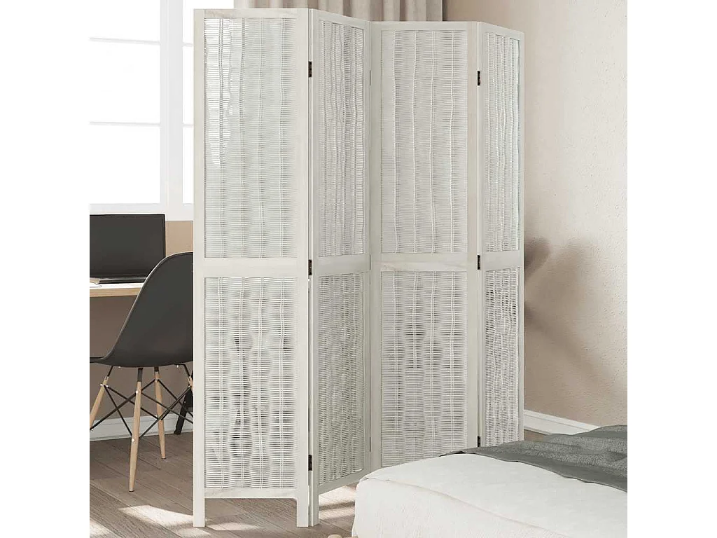 Parete divisoria a 4 pannelli in legno massello di paulonia bianco
