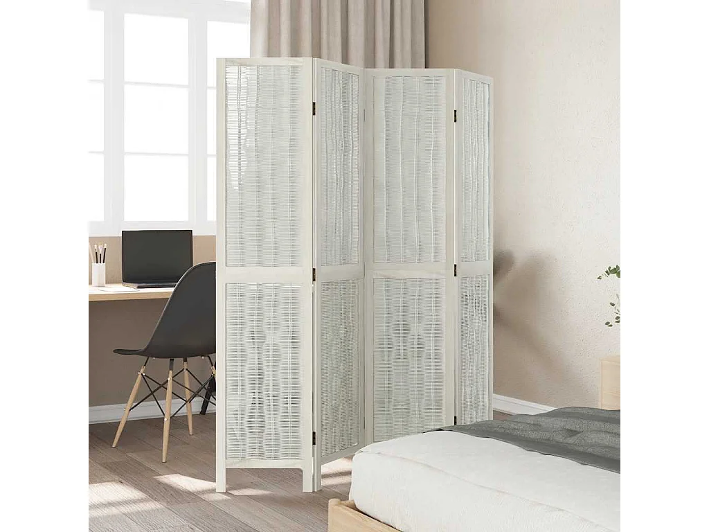 Parete divisoria a 4 pannelli in legno massello di paulonia bianco
