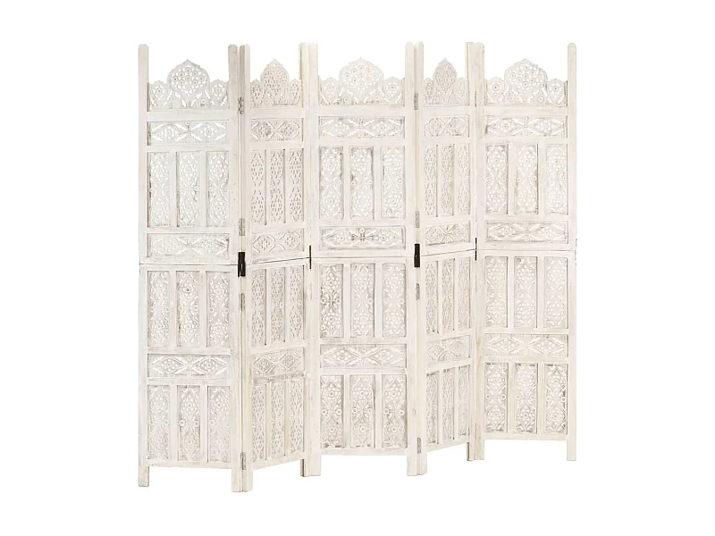Cloison de séparation 5 panneaux Blanc 200x165 cm Bois manguier