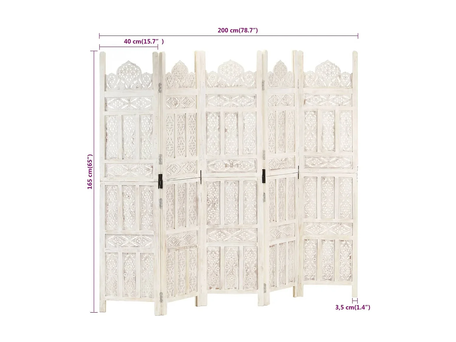 Parete divisoria a 5 pannelli Bianco 200x165 cm Legno di mango