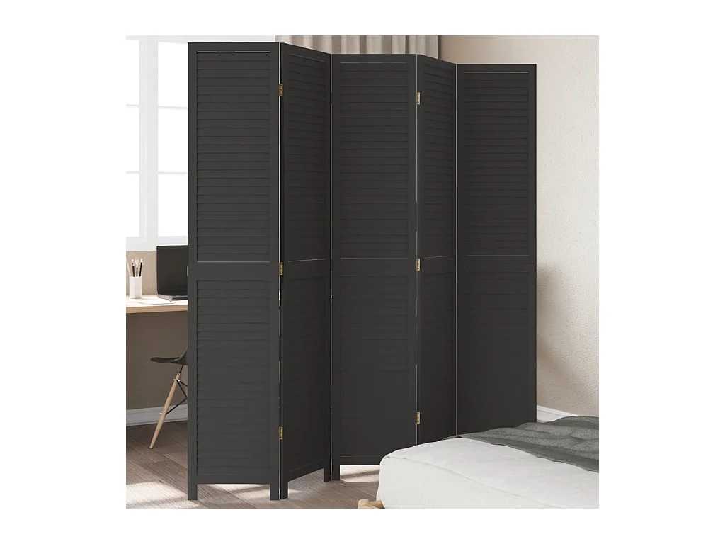 Cloison de séparation 5 panneaux noir bois de paulownia massif