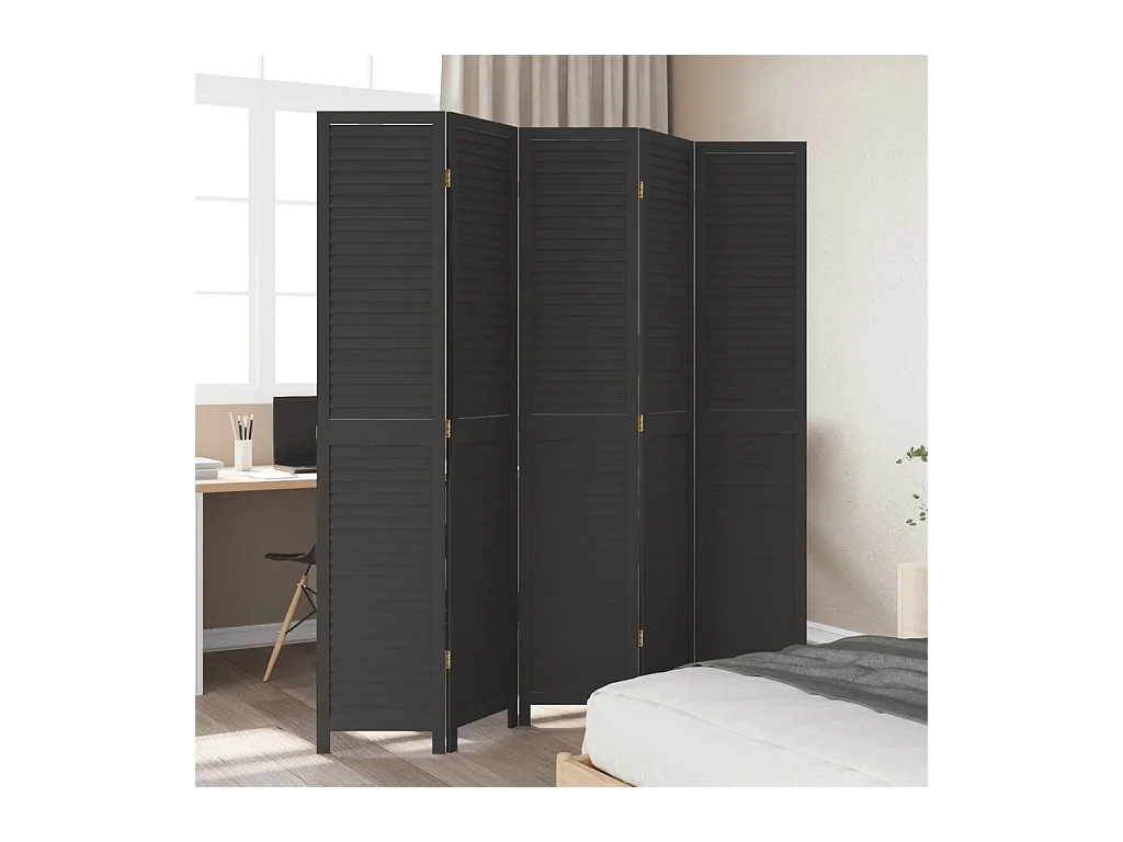 Cloison de séparation 5 panneaux noir bois de paulownia massif