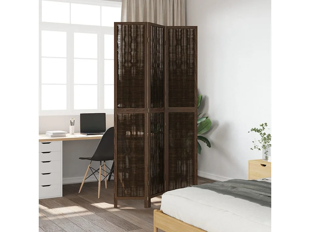 Parete divisoria marrone scuro a 3 pannelli realizzata in legno massello di paulonia