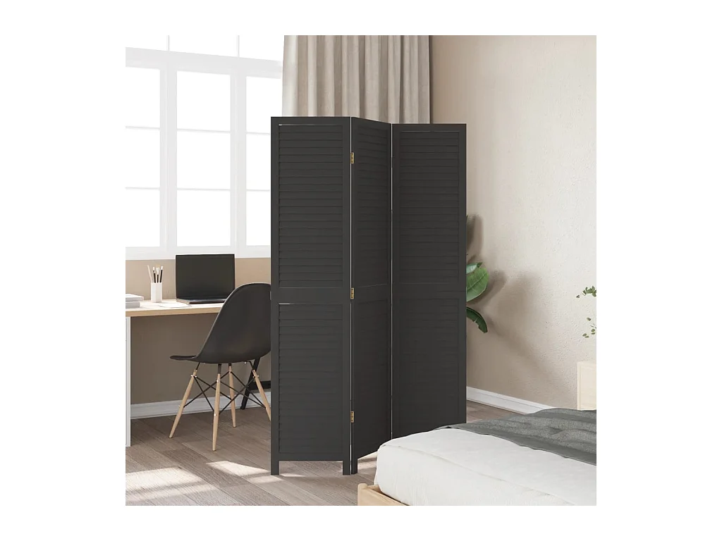 Cloison de séparation 3 panneaux noir bois de paulownia massif