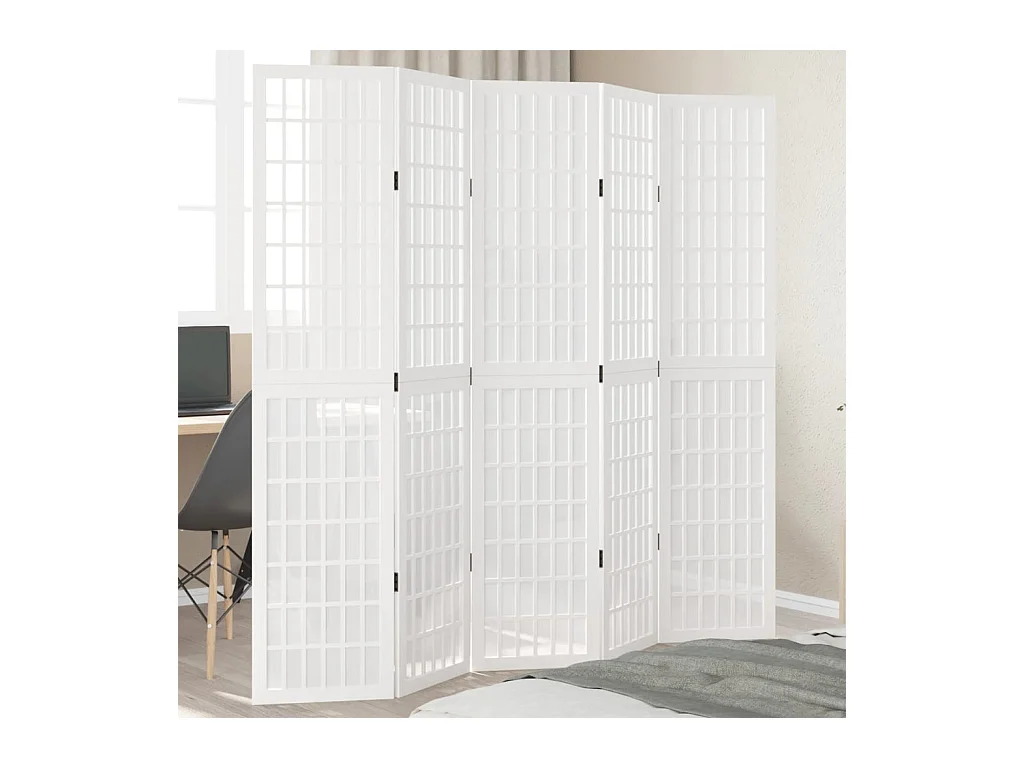 Cloison de séparation 5 panneaux blanc bois de paulownia massif
