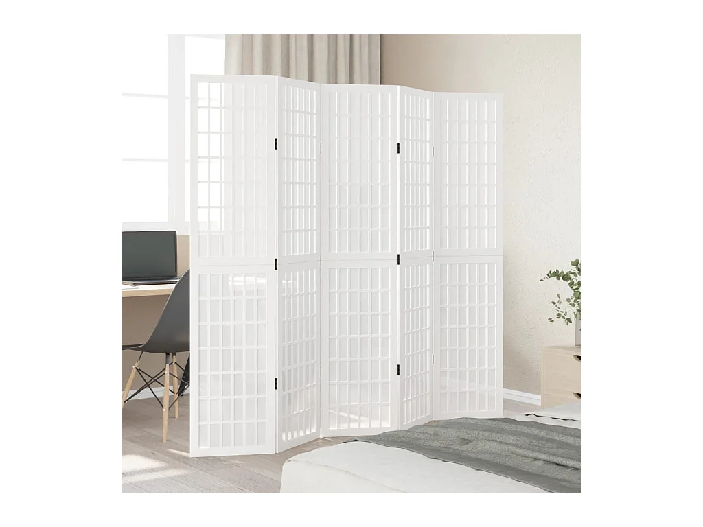 Cloison de séparation 5 panneaux blanc bois de paulownia massif