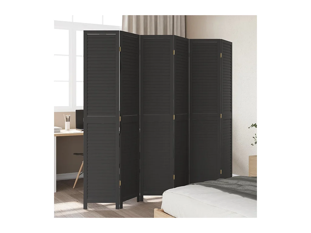 Cloison de séparation 6 panneaux noir bois de paulownia massif